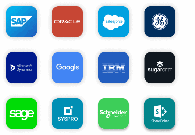 Frame 36 System Logos: SAP, Oracle, Salesforce, GE, Microsoft Dynamics, Google, IBM, SugarCRM, sage, Syspro, Sharepoint